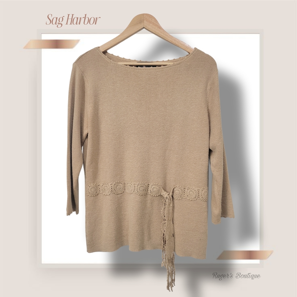 🌿Sag Harbor Women's Medium Tan Knit Crochet Tie Waist Sweater - Picture 3 of 11